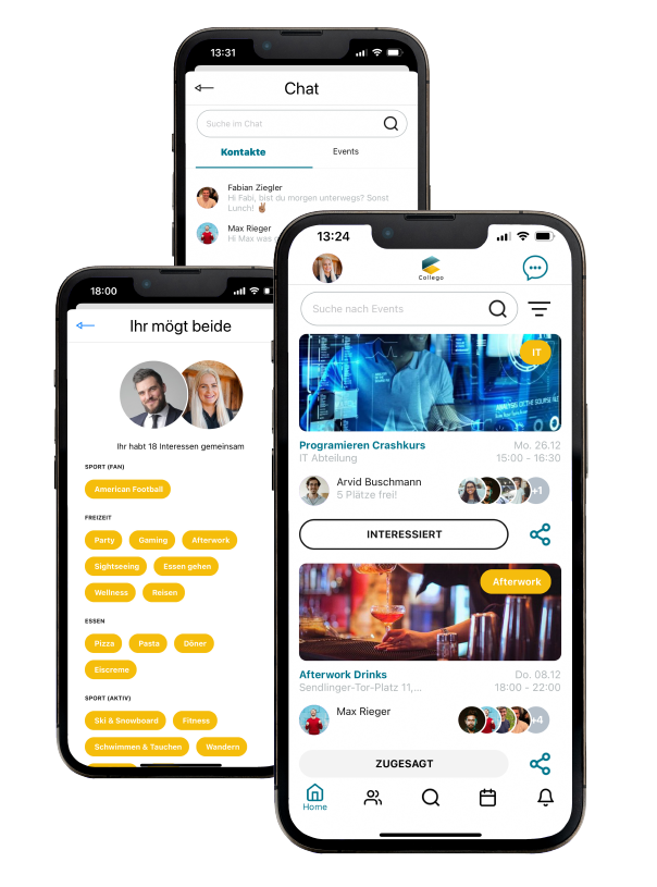 Collego Plattform Ansicht verschiedener App-Screens wie Home, Interessen und Chat